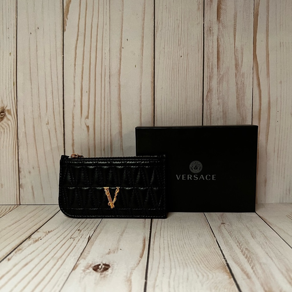 Versace V-Quilted Zip Leather Card Case Black